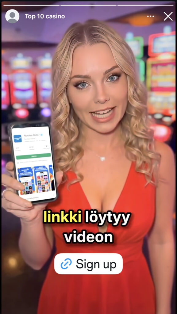 AI-nainen puhuu suomeksi linkeistä ja esittelee "Nordea Slots" sovellusta Google Play -kaupassa.