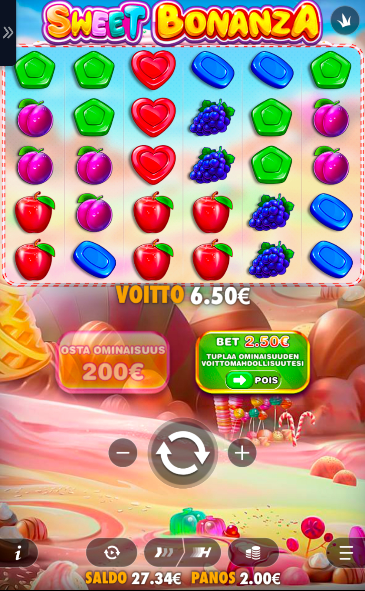 Sweet Bonanza auki Hillo-kasinolla. Voitto 6,50 €, saldo 27,34 € ja panos 2,00 €.