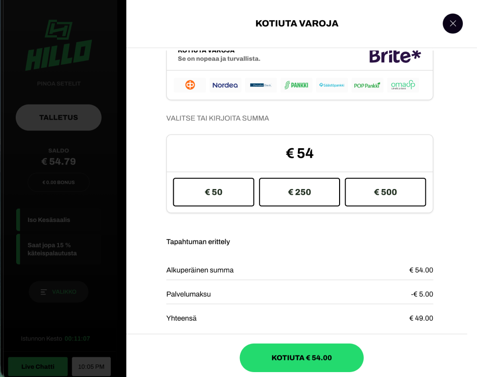Rahapelisanomat testaaja kotiuttamassa Hillo pikakasinolta. 54 euron summa mutta viiden euron palvelumaksu. Brite pikakotiutukset. Kaikki suomalaiset pääpankit mukana.