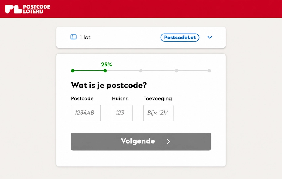 Hollannin Postcode Loterijn verkkolomake, jossa kysytään pelaajan postinumeroa ja talonumeroa.