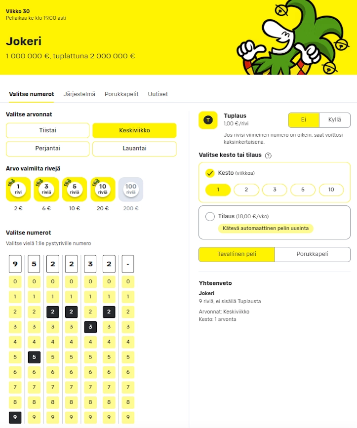 Jokerinumerot valinta Veikkauksen pelinäkymässä.