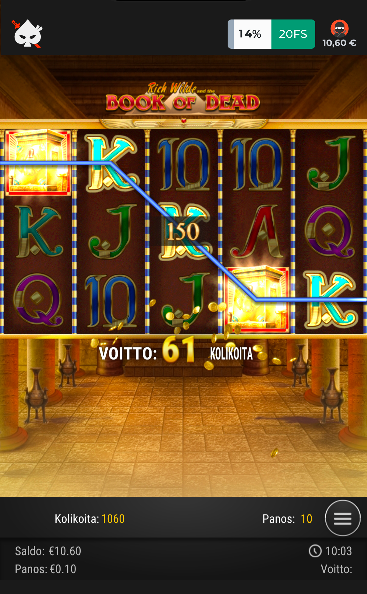 Ninja Casinolla auki Book of Dead -kolikkopeli. Voitto 61 kolikkoa, saldo 10,60 € ja 20 ilmaiskierrosta jäljellä.