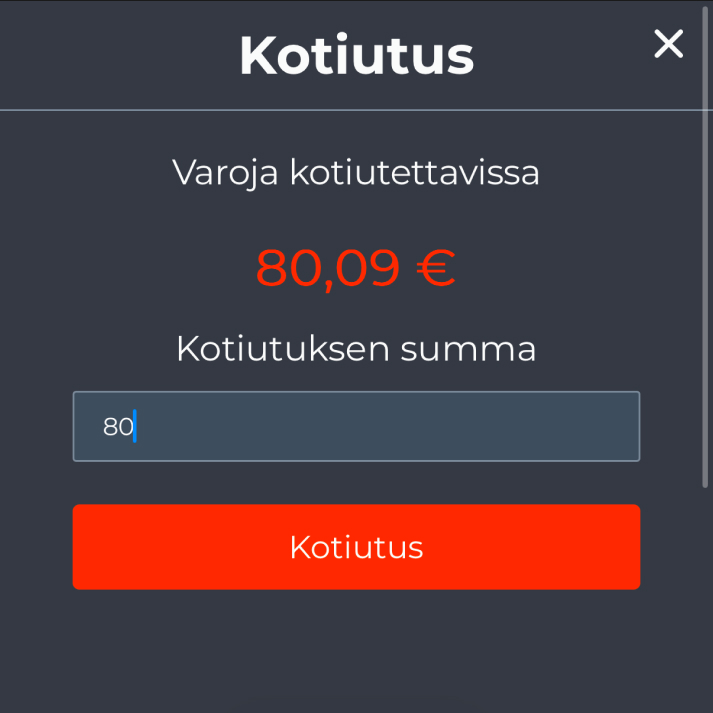 Ninja Casino kotiutus – pelaaja syöttää kotiutuksen summaksi 80 euroa, varoja kotiutettavissa 80,09 €