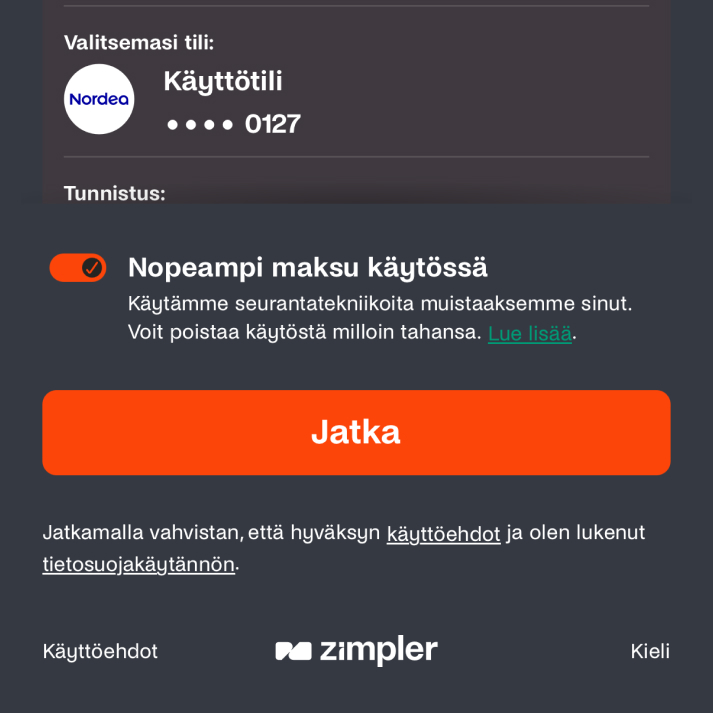 Ninja Casino Zimpler-talletus – pelaaja vahvistaa Nordean käyttötililtä tehtävän maksun, Nopeampi maksu käytössä seuraavia kertoja varten