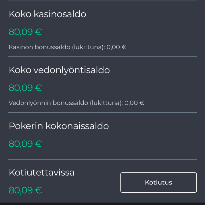 Ninja Casino saldonäkymä – kotiutettavissa 80,09 €, kasino-, vedonlyönti- ja pokerisaldo samalla tilillä, bonussaldoa ei lukittuna