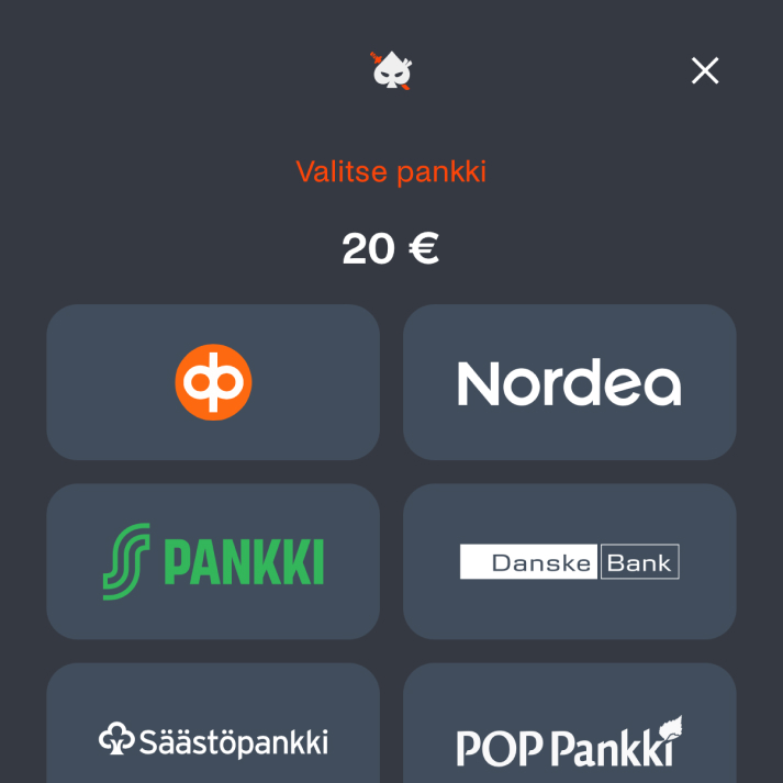 Ninja Casino talletus alkaa pankin valinnalla – 20 euron talletus ja pankkeina OP, Nordea, S-Pankki, Danske Bank, Säästöpankki ja POP Pankki