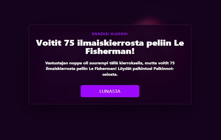Kuvassa ilmoitus voitetuista 75 ilmaiskierroksesta Le Fisherman peliin.