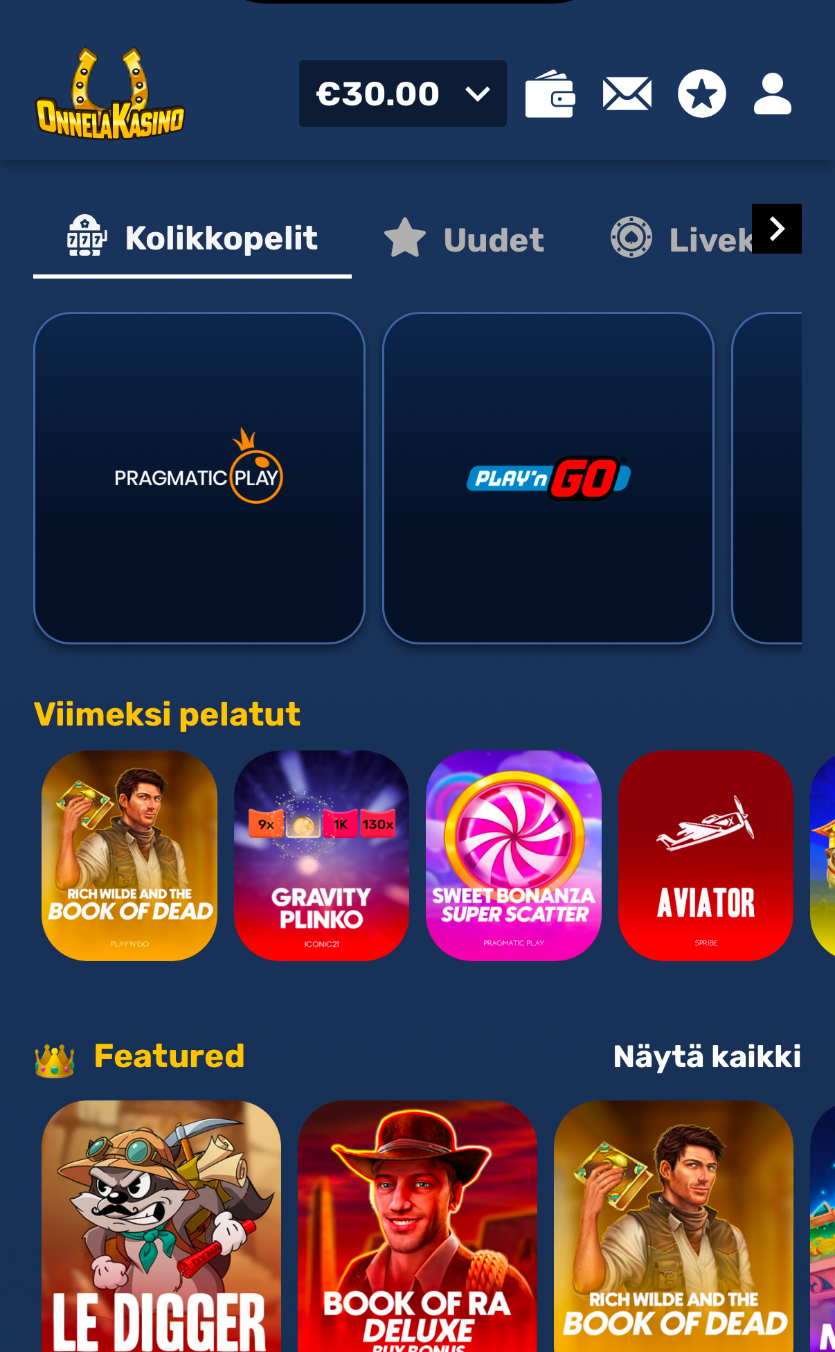 Onnela Kasino mobiilissa – kolikkopelit, viimeksi pelatut Book of Dead ja Sweet Bonanza