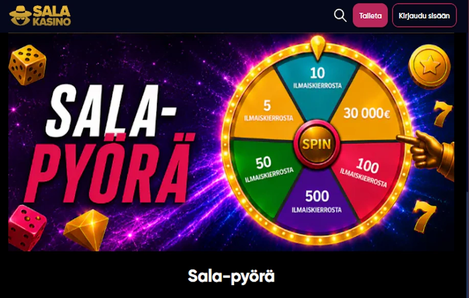 Salakasinon Sala-pyörä kuvitus. Voittosummina sala-pyörässä 5, 10, 50, 100, ja 500 ilmaiskierrosta sekä 30 000€ käteisvoitto.
