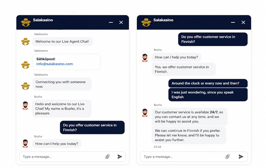 Kuvassa Salakasinon livechat keskustelu. Keskustelussa käy ilmi että asiakaspalvelu käyttää käännöstyökalua suomeksi keskusteluun.