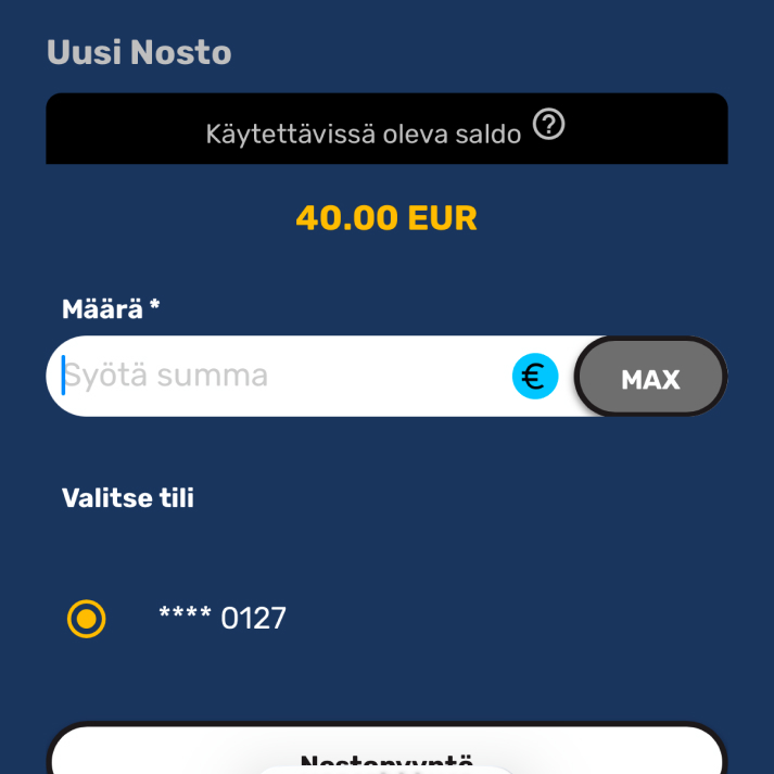 Trumo kotiutus – pelaaja tekee nostopyynnön kasinon kassassa, käytettävissä oleva saldo 40 euroa siirtyy samalle pankkitilille