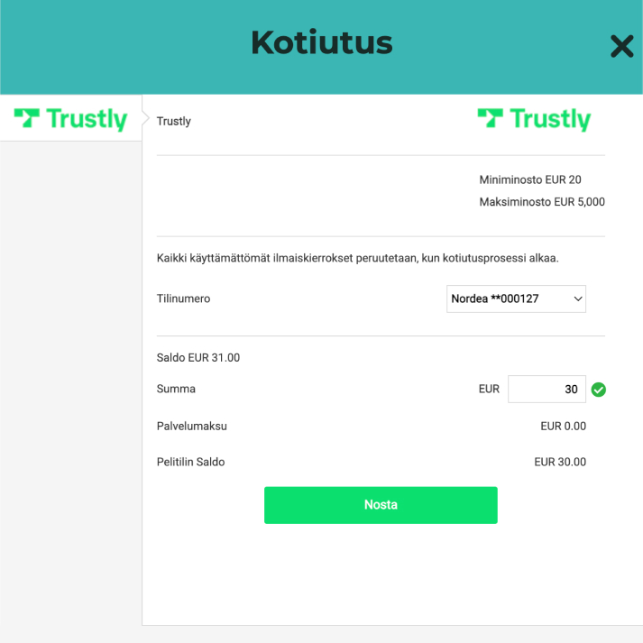 Trustly kotiutus Urho Kasino. Käyttäjä tekemässä kotiutusta. Ylälaidassa lukee isolla kotiutus, sen alla Trustly-logo. Hyväksytty summa on 30 € ja palvelumaksu 0 €. Rahapelisanomat testaajan saldo 30 €.