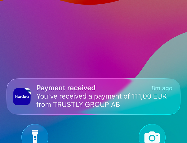 Pelaaja on saanut Nordealta ilmoituksen 111 euron Trustly-kasino kotiutuksesta.