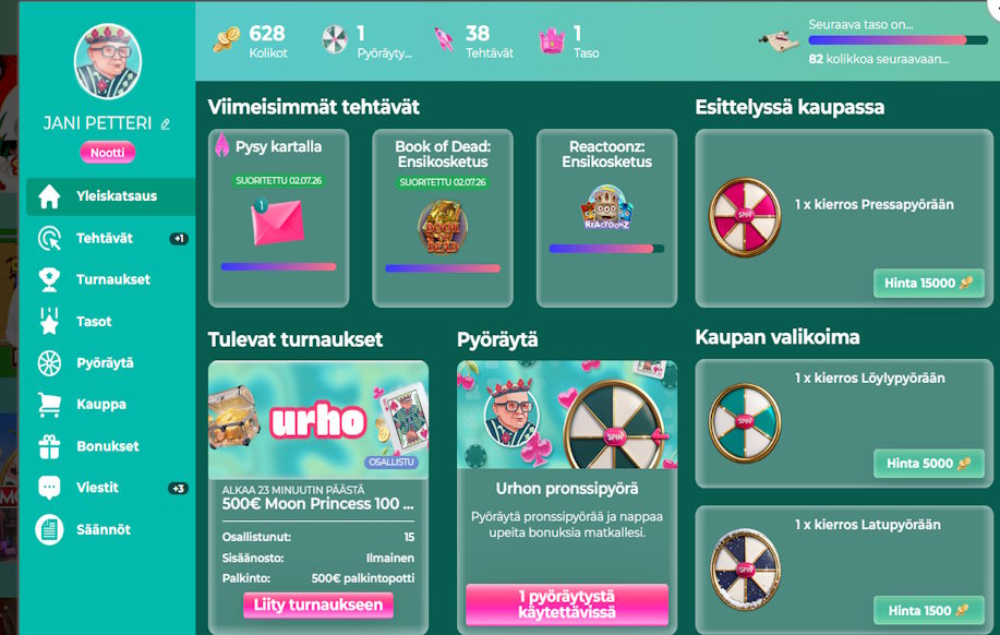 Urho kasinon käyttöliittymä ja bonusnäkymä kirjautuneen pelaajan näkökulmasta. 