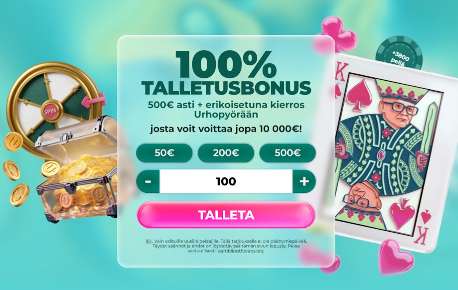 Urho kasino tarjoaa 100% talletusbonuksen etusivullaan. 