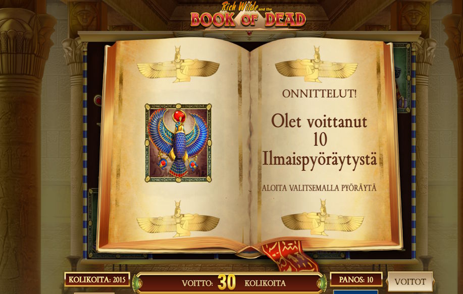 Testaaja voitti Urho kasinolta 10 ilmaispyöräytystä Book of Dead pelistä. 