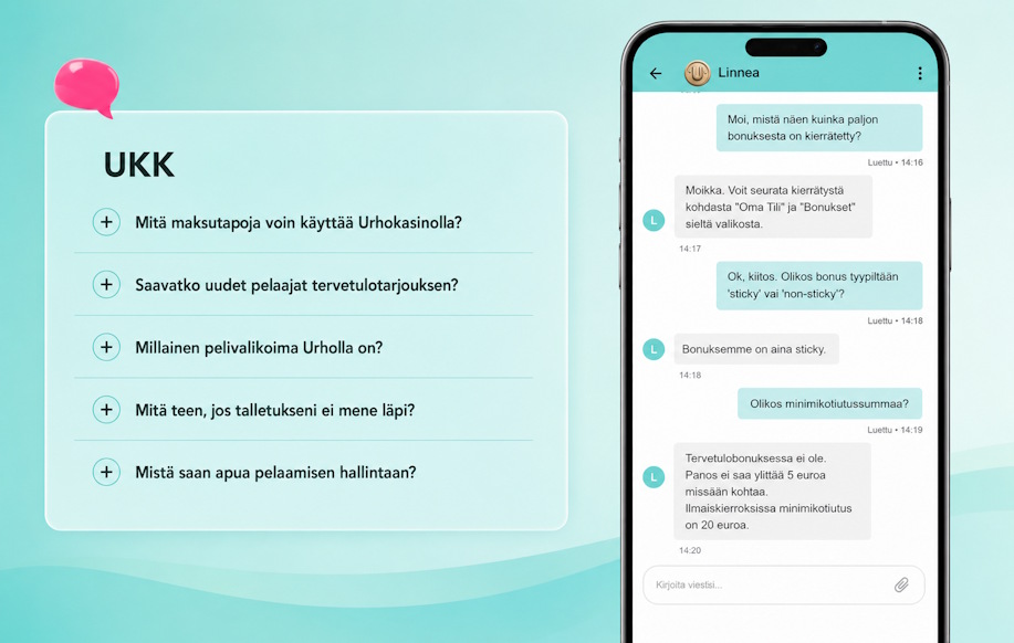 Urho kasinon asiakaspalvelu näkymä ja keskustelu live chatin kanssa. 