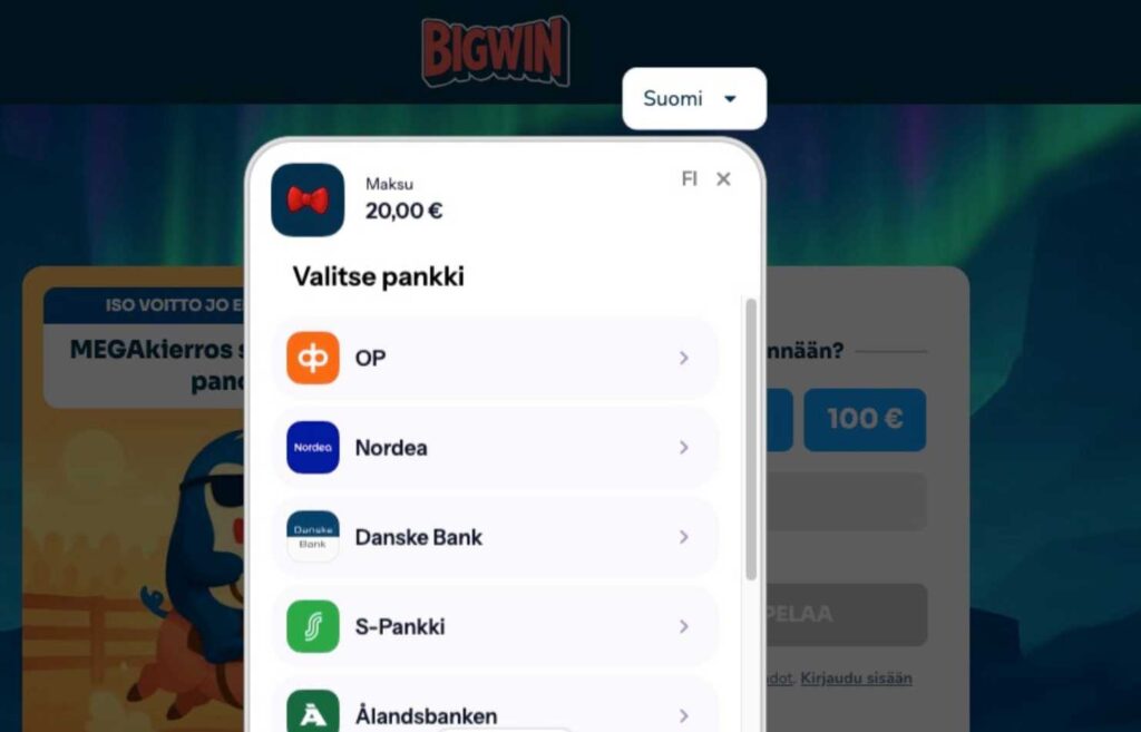 Kuvassa näkyy Viljo kasino Bigwinin talletuskohta, jossa näkyy palvelua tarjoavat pankit. Viljo kasino talletus Rahapelisanomat