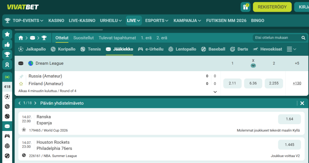 Vivatbet näyttää Venäjä - Suomi jääkiekko-ottelun "Dream Leaguessa".