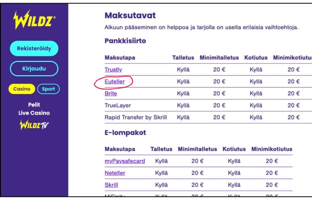 Kuvassa näkyy Wildz kasinon maksutapa osion yksityiskohta, jossa Euteller on ympyröity. Euteller kotiutus kesto Rahapelisanomat