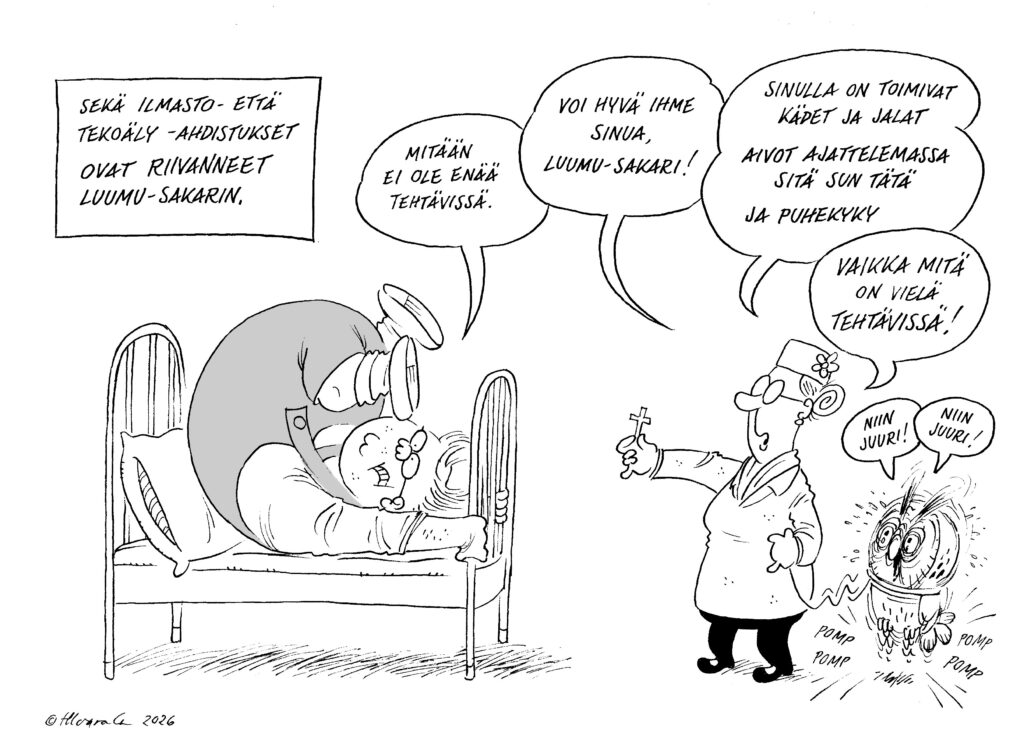 Mieslapsi kierii sängyssä ahdistuksesta ilmasto- ja tekoälykriisiin. Kukkahatutäti siunaa hänelle voimaa ja toivoa ristillä. Sähisevä pöllö komppaa.