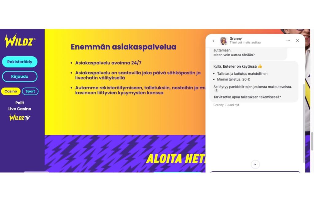 Kuvassa näkyy Wildz kasinon asiakaspalevlu chat jossa Granny kertoo Euteller maksun olevan käytössä. Parhaat Euteller kasinot Wildz Rahapelisanomat