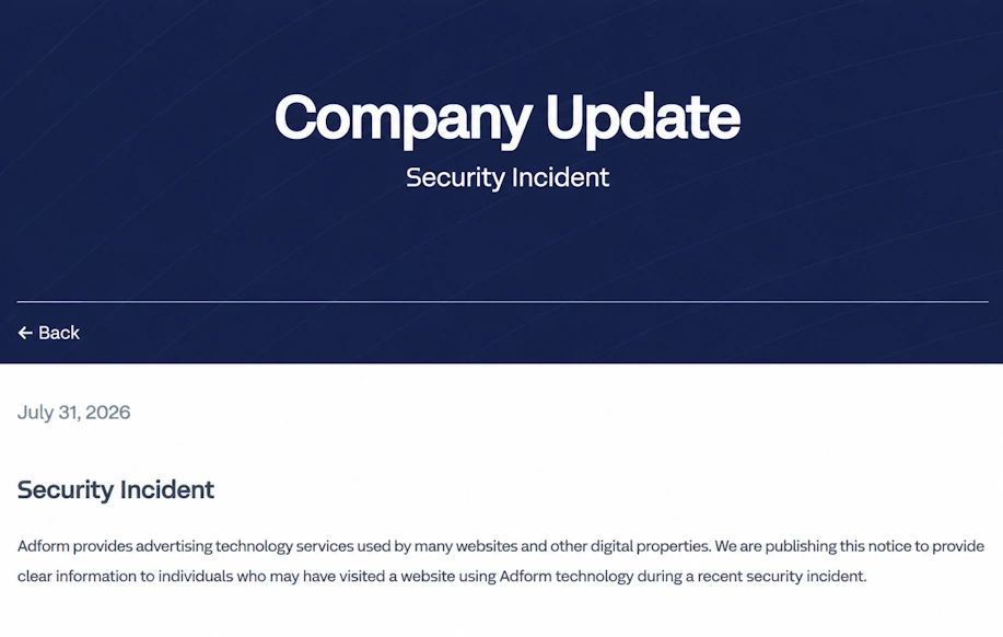 Kuvakaappaus Adformin Security Incident -tiedotteesta.