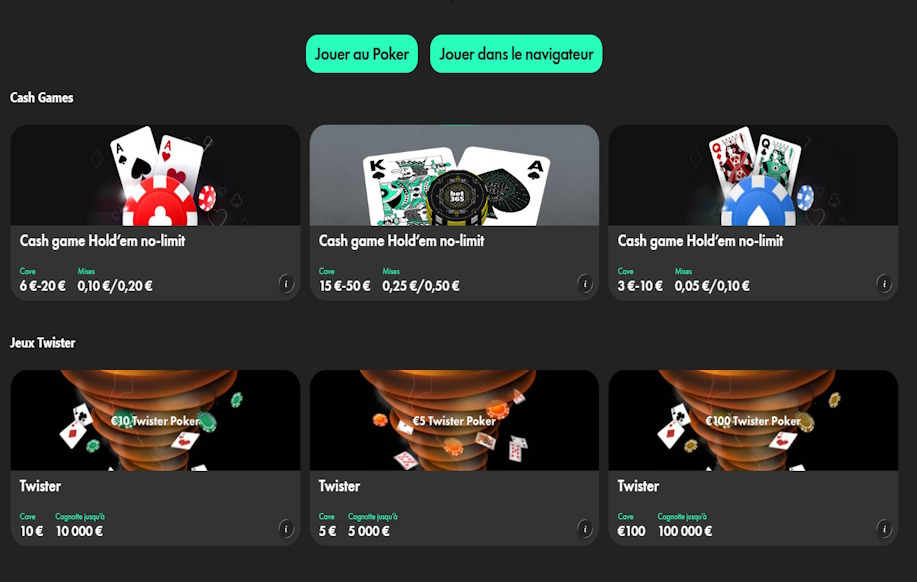Bet365 Pokerin ranskankielinen peliaula, jossa näkyy Hold’em-käteispelejä ja Twister-pelejä.