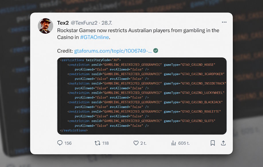Kuvakaappaus X-viestistä, jossa näkyy koodinpätkä mikä rajoittaa australialaisten pelaajien pelaamista GTA kasinoilla.