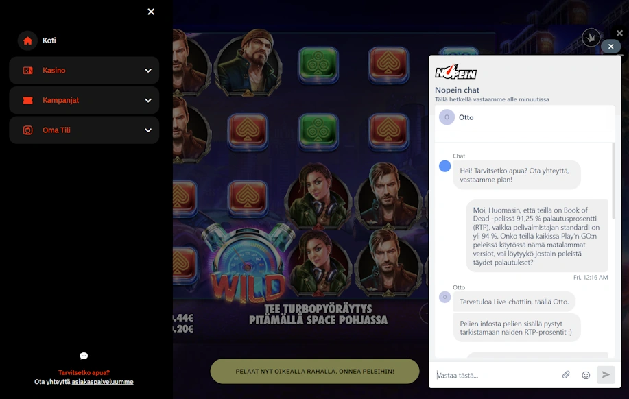 Nopein asiakaspalvelussa live chat auki ja keskustelu käynnissä Otto nimisen henkilön kanssa.