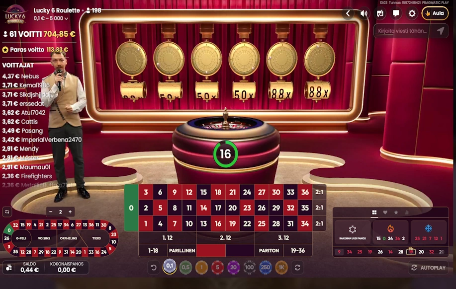 Testissä Lucky 6 Roulette peli livekasinolla.