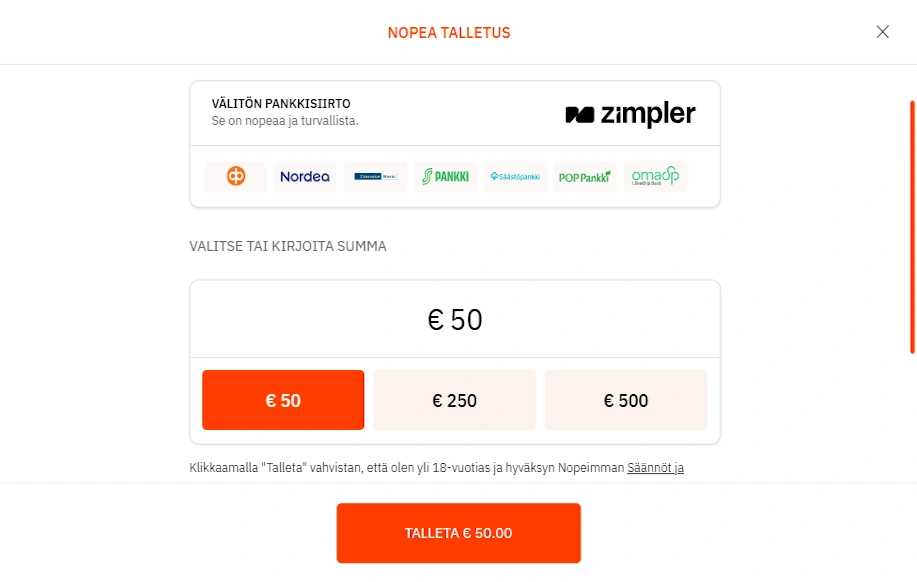 Nopein casino talletus näkymä. Kuvassa 50€ talletus Zimplerin välityksellä.