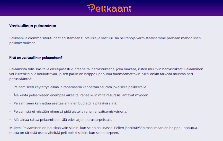 Pelikaani kasinon vastuullisen pelaamisen osio kuvattuna. 