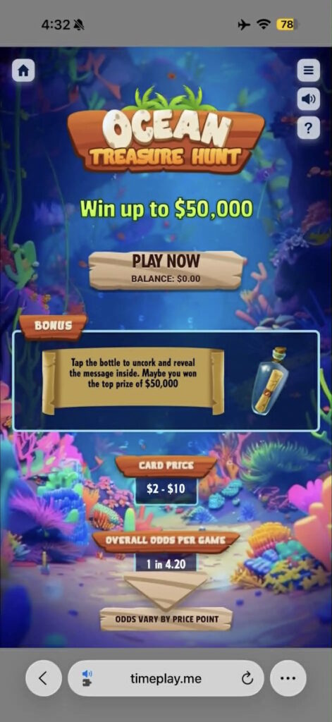 Royal Caribbean Ocean Treasure Hunt raaputuspeli mobiililaitteella. Kuvassa piirretty merenpohja ja teksti "win up to $50 000."