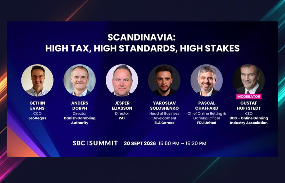 Paneelin esittelykuva. Skandinavia: Korkeat verot, korkeat standardit, korkeat panokset. Osallistujina Gethin Evans, Anders Dorph, Jesper Eliasson (PAF), Yaroslav Soloshenko, ja Pascal Chaffard. Moderaattorina Gufstaf Hoffstedt. 30. syyskuuta 2026 SBC Summit.