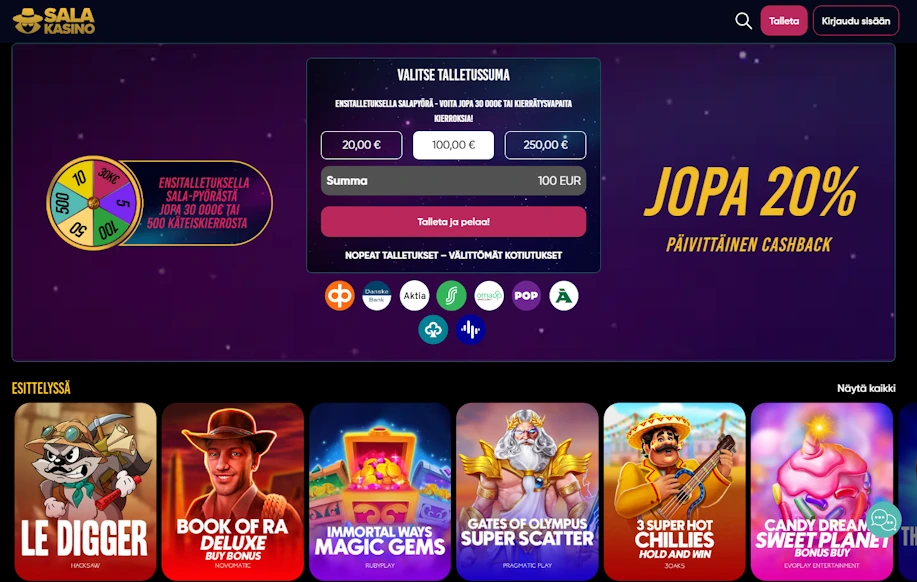 Kuva Salakasino nettikasinon etusivusta. Kuvassa kuvattuna talletusnäkymä sekä sivuston esittelemiä pelejä kuten Le Digger ja Book of Ra Deluxe.