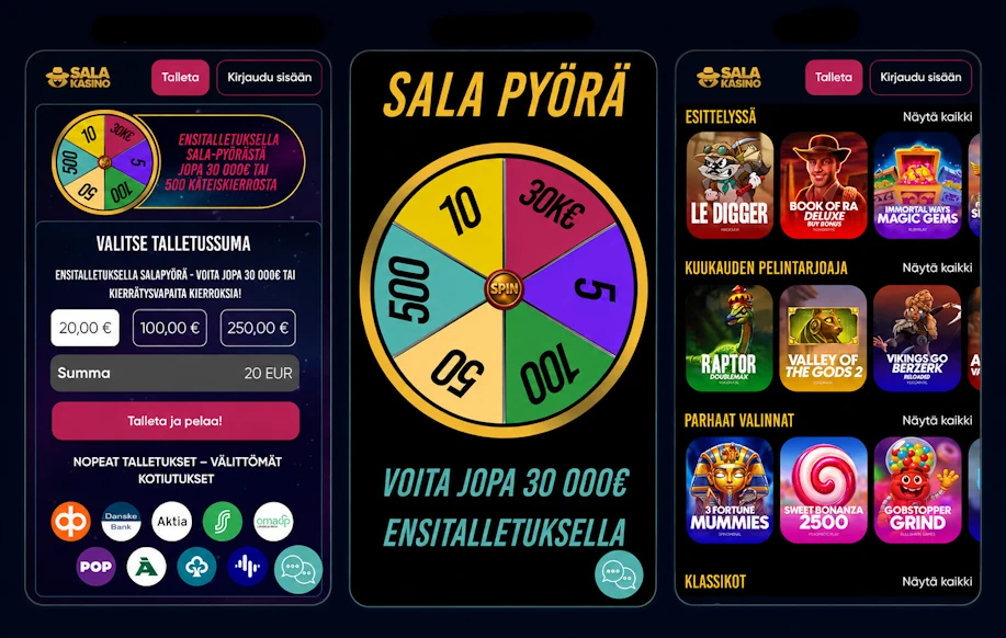 Salakasinon mobiilinäkymä. Kuvassa kolme kuvakaappausta mitent tallettaa mobiililla, Sala pyörä bonus kuvitus sekä kaksitoista nimikettä peliaulasta.