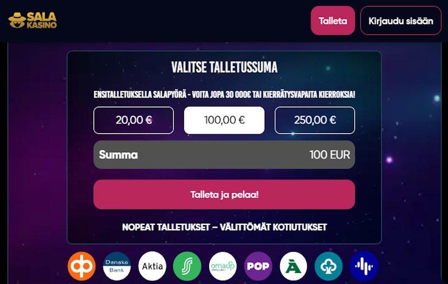 Rahan talletus näkymä Salakasinolla. Kuvassa summat 20€, 100€ ja 200€ sekä suomalaisten verkkopankkien ikonit.