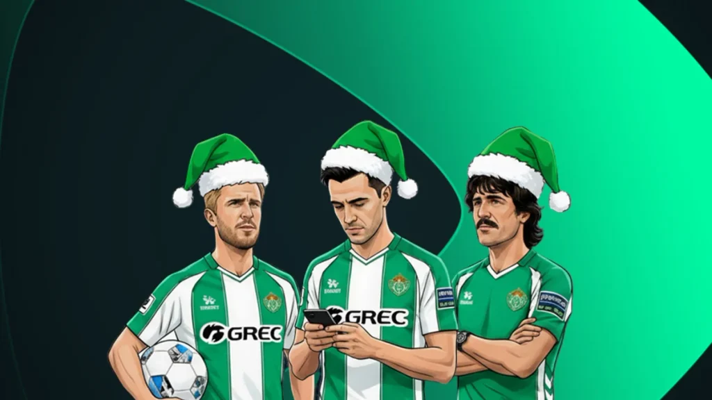 Real Betis pelaajia oletetusti tekemässä vedonlyöntiä puhelimella tonttuhatut päässä.
