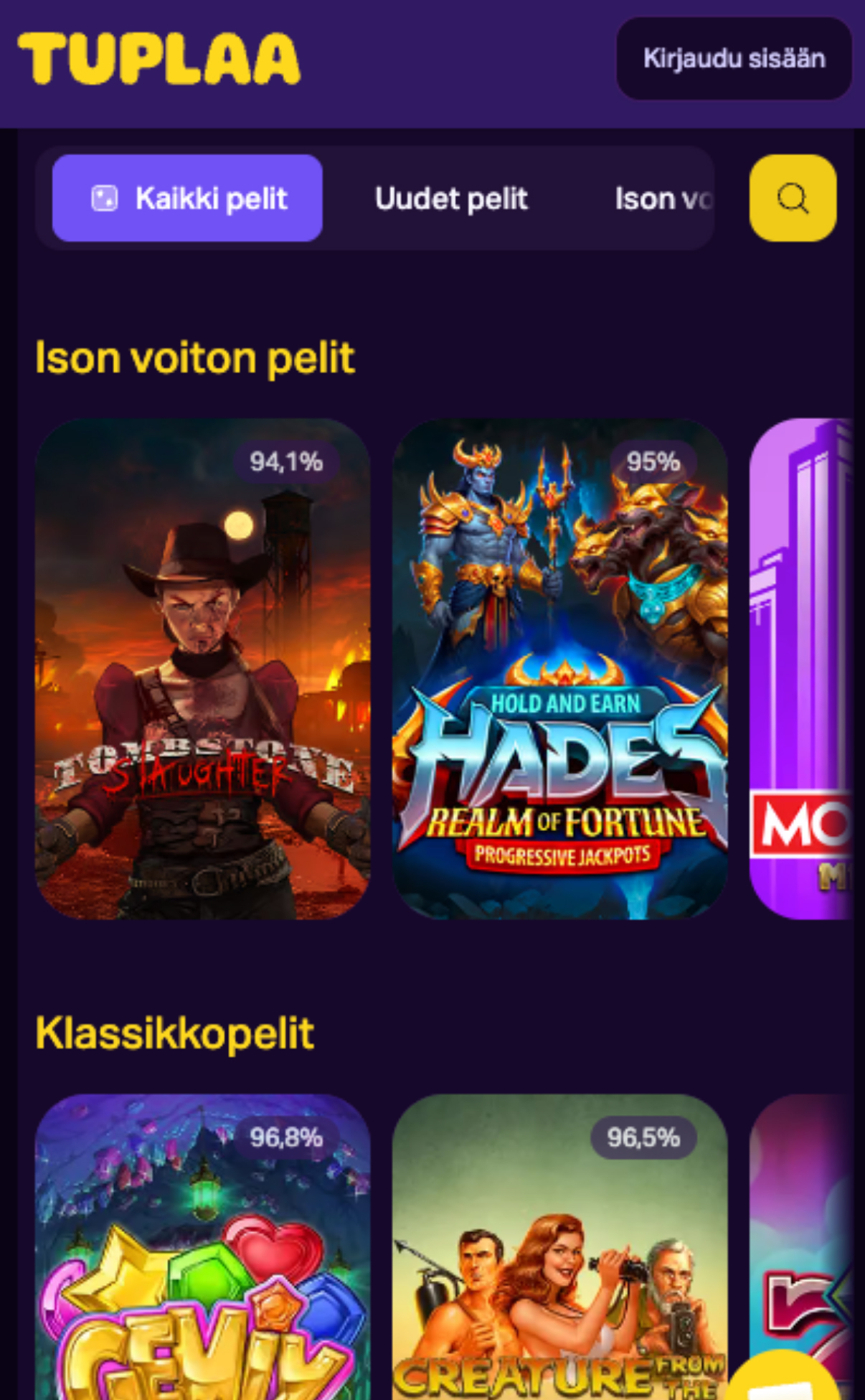 Tuplaa-kasino mobiilissa, ylhäällä logo, Kirjaudu sisään -painike ja pelikategoriat