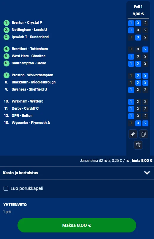 Vakio 1 -järjestelmäkuponki, jossa on 32 riviä ja kokonaishinta 8 euroa.