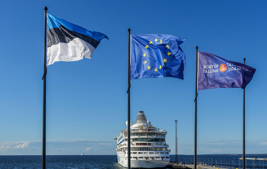 Viro, EU ja Tallinnan sataman lippu. Taustalla risteilyalus.