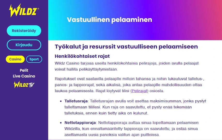 Kuvakaappaus Wildzin vastuullisen pelaamisen sivulta. Kuvassa kerrotaan muun muassa talletusrajojen ja nettotappiorajojen asettamisesta.