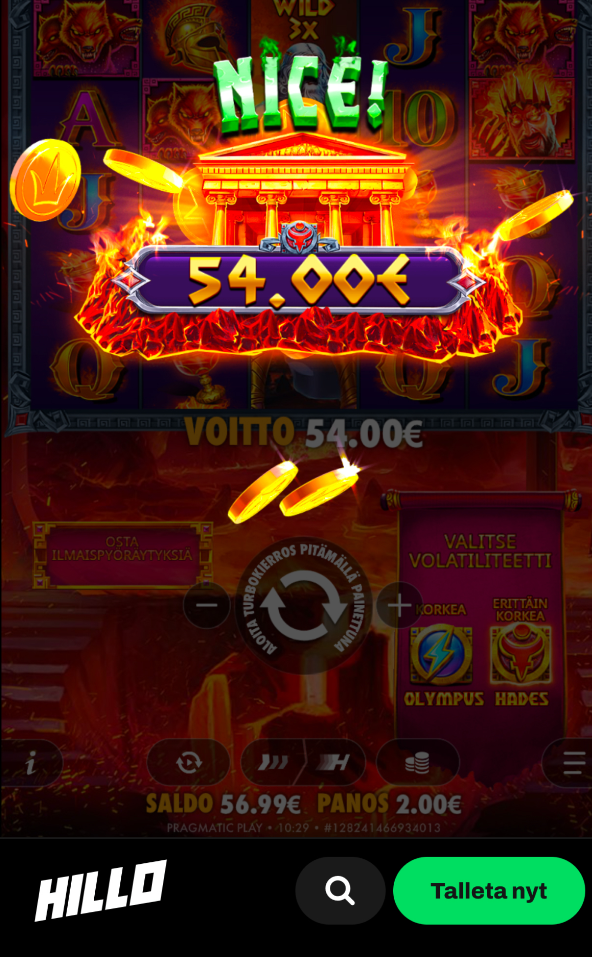 Zeus vs Hades – Gods of War™ auki Hillo-kasinolla. Voitto 54,00 €.