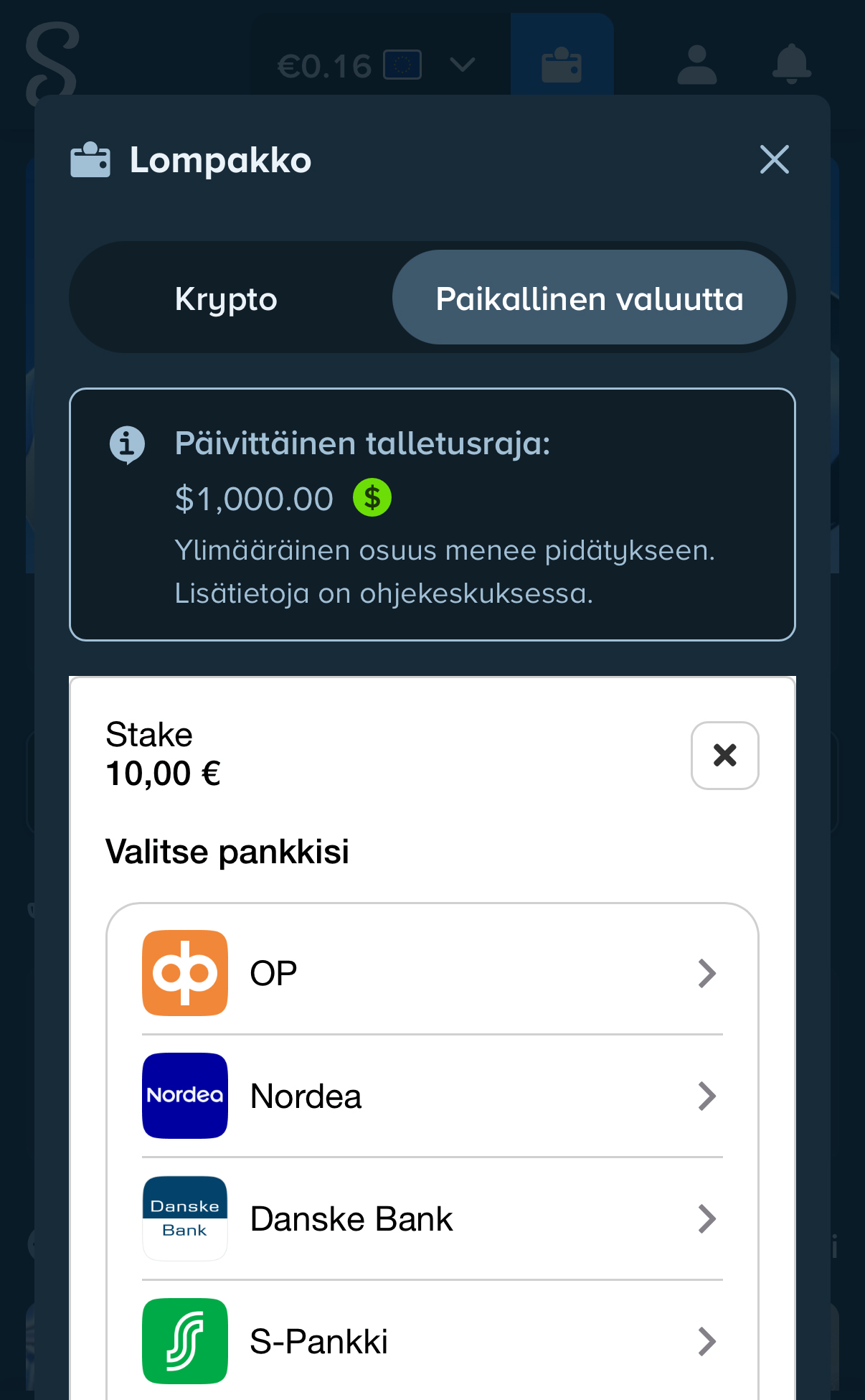 Stake Rahapelisanomien testissä. Kuvasta näkee että Stake on nettikasino missä on suomalaiset pankit maksuvaihtoehtona. Ja että kasino on rajoittanut testaajamme 1000 USD päivittäisellä talletusrajalla.