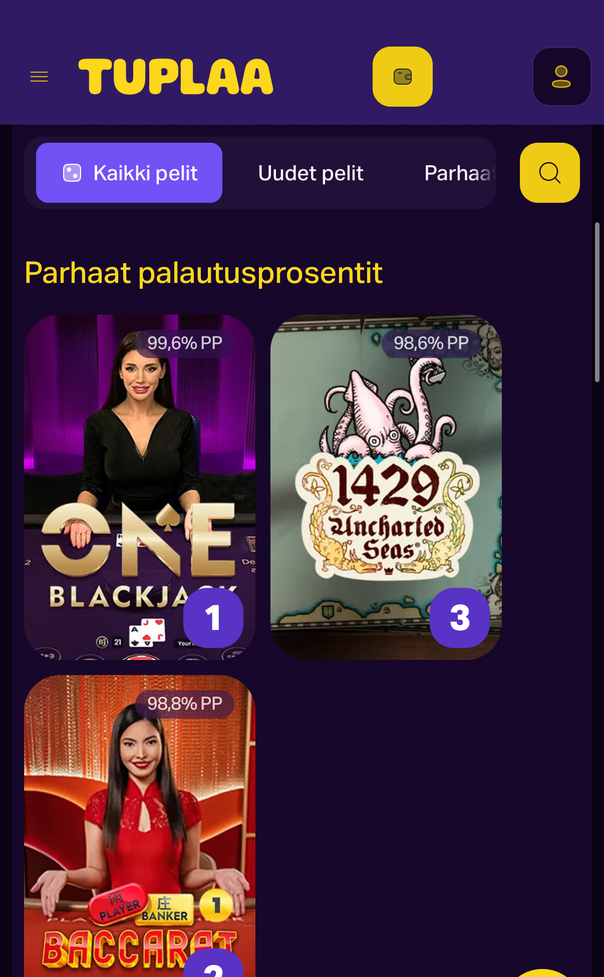 Tuplaa-nettikasino auki, kuvasta näkee että kyseessä on pikakasino koska heti ensinäkymässä talletusmahdollisuus. Suomenkielinen. Pelejä kuten Fire Joker ja Moon Princess.