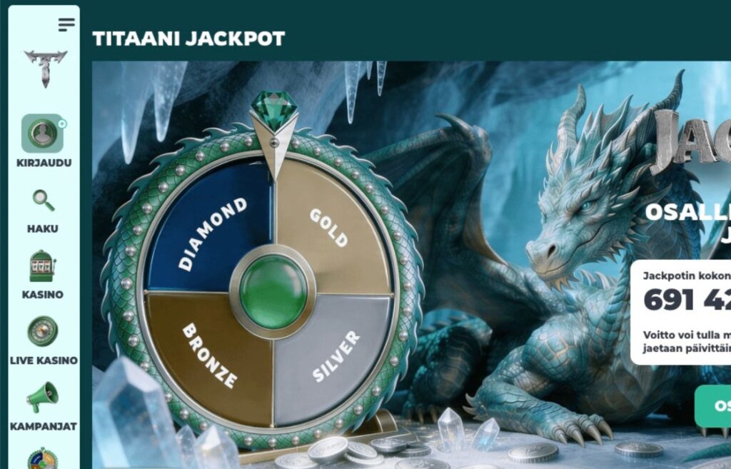 Kuvassa Uusimman pikakasino Titaanin sivulta yksitysikohta jossa on lohikäärmeen kuva ja teksti Titaani Jackpot. Uusin pikakasino Titaani Rahapelisanomat