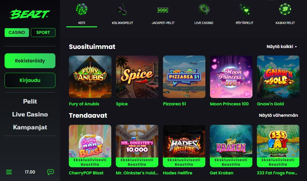 Beazt Casinon etusivun pelivalikoima, jossa näkyy suosittuja kolikkopelejä, jackpot-pelit, live casino ja Beaztille eksklusiivisia pelejä. Beazt Casino arvostelu Rahapelisanomat.