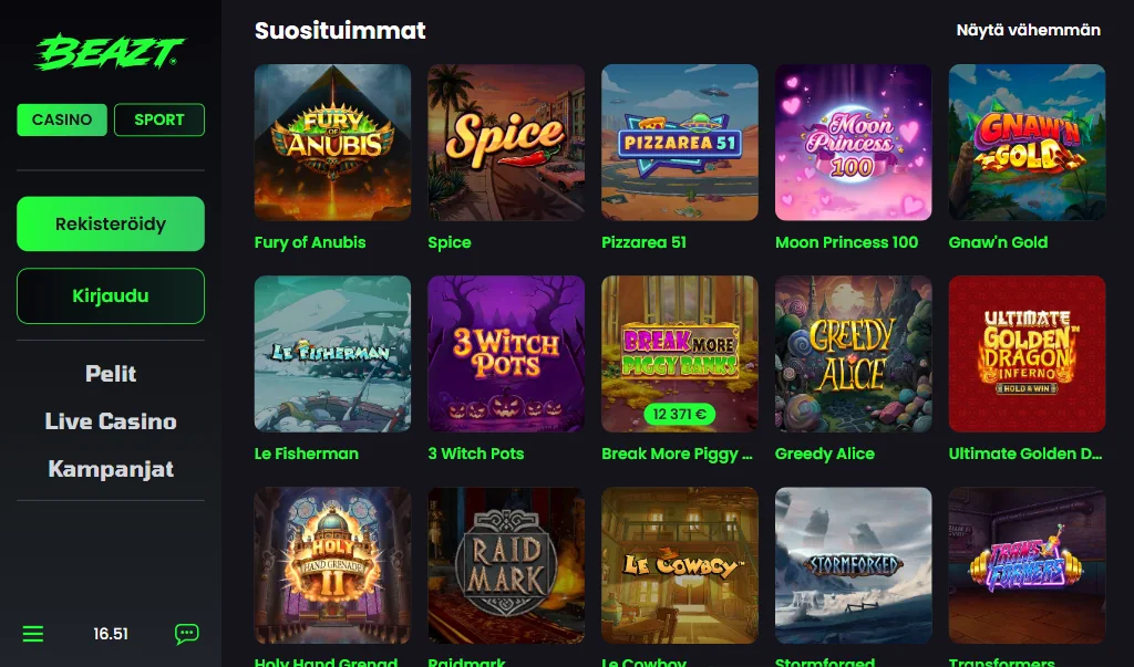 Kuvassa näkyy Beazt Casinon peliaula ja useita suosittuja kolikkopelejä. Beazt Casinon pelit ja livekasino Rahapelisanomat.