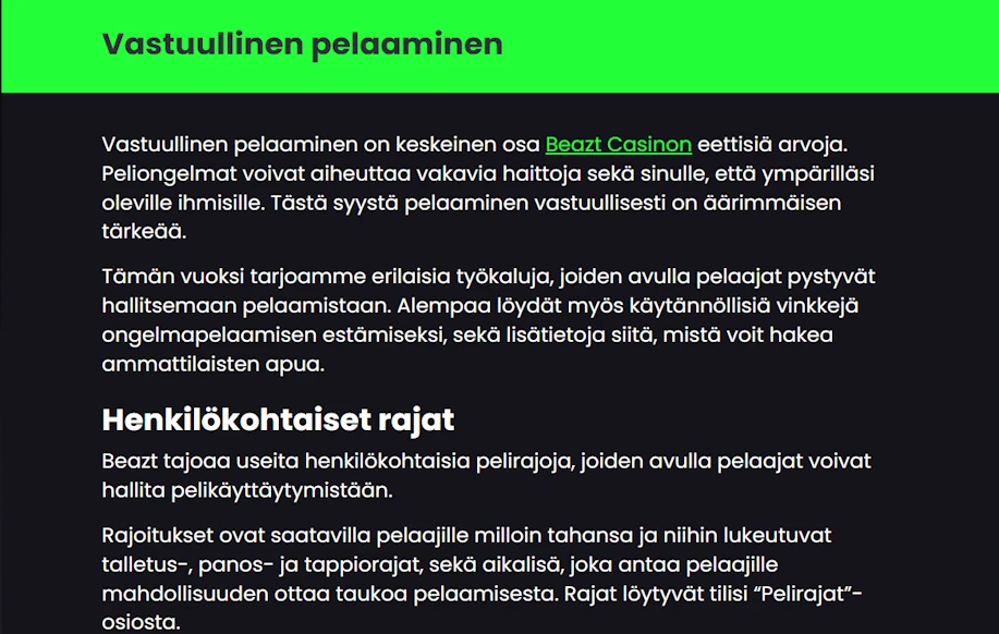 Kuvassa näkyy Beazt Casinon vastuullisen pelaamisen sivu ja henkilökohtaisia pelirajoja koskevat tiedot.